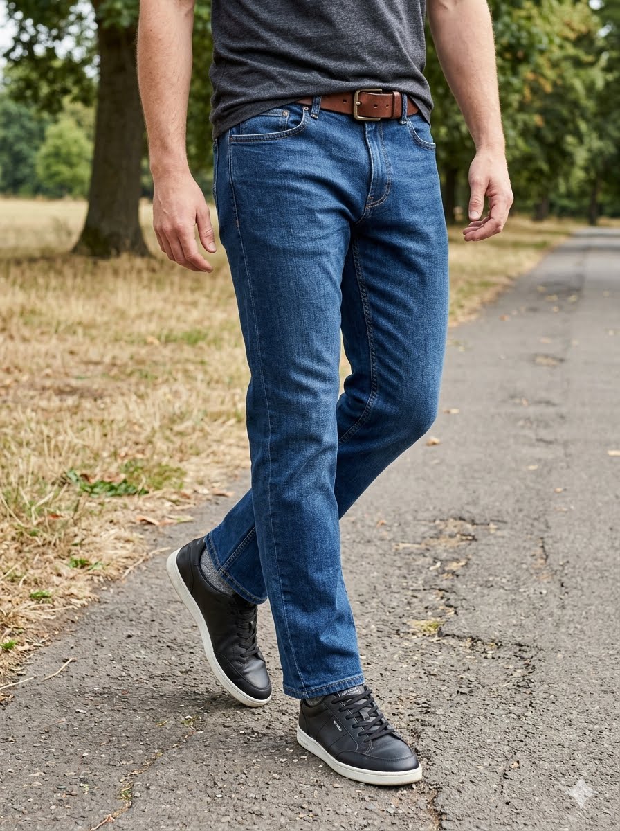 Men Slim Fit Medium Blue Stone Washed Casual Denim Jeans - Front View