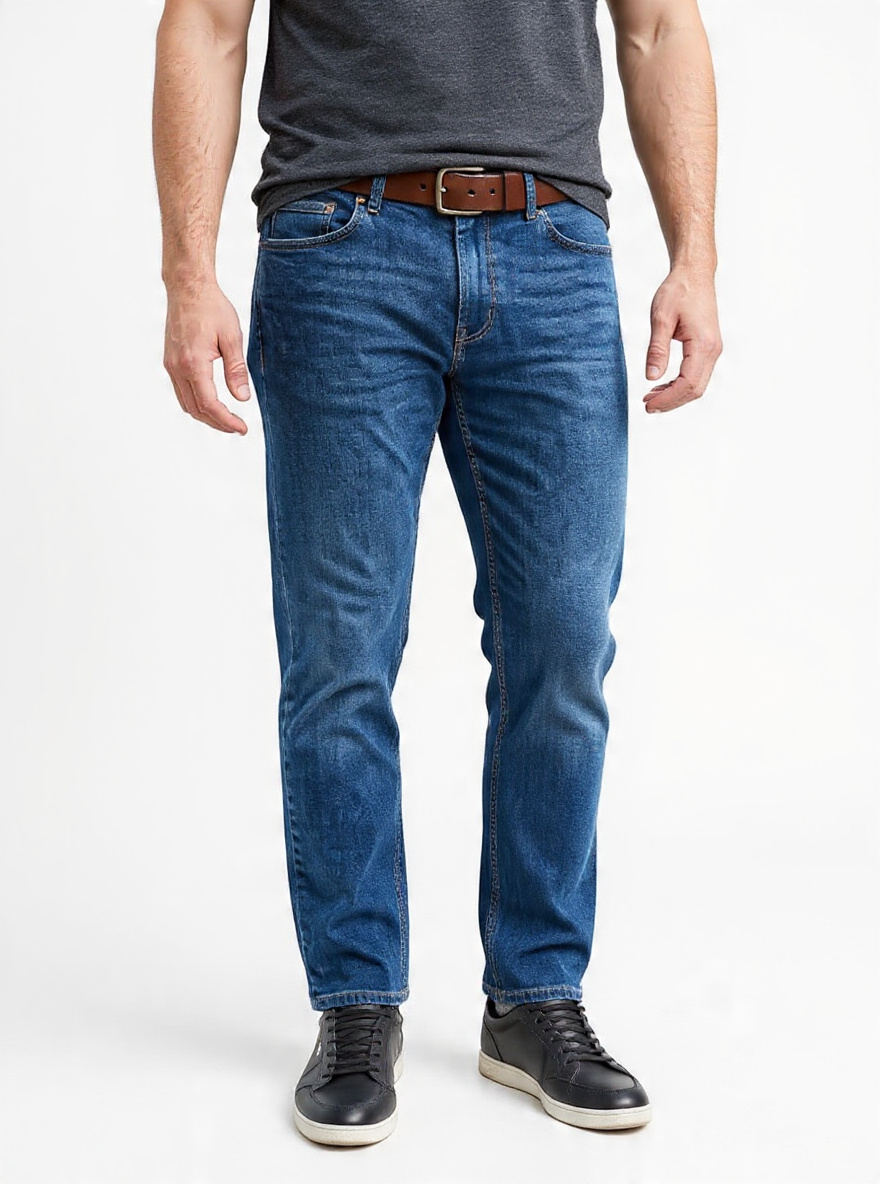 Men Slim Fit Medium Blue Stone Washed Casual Denim Jeans - Back View