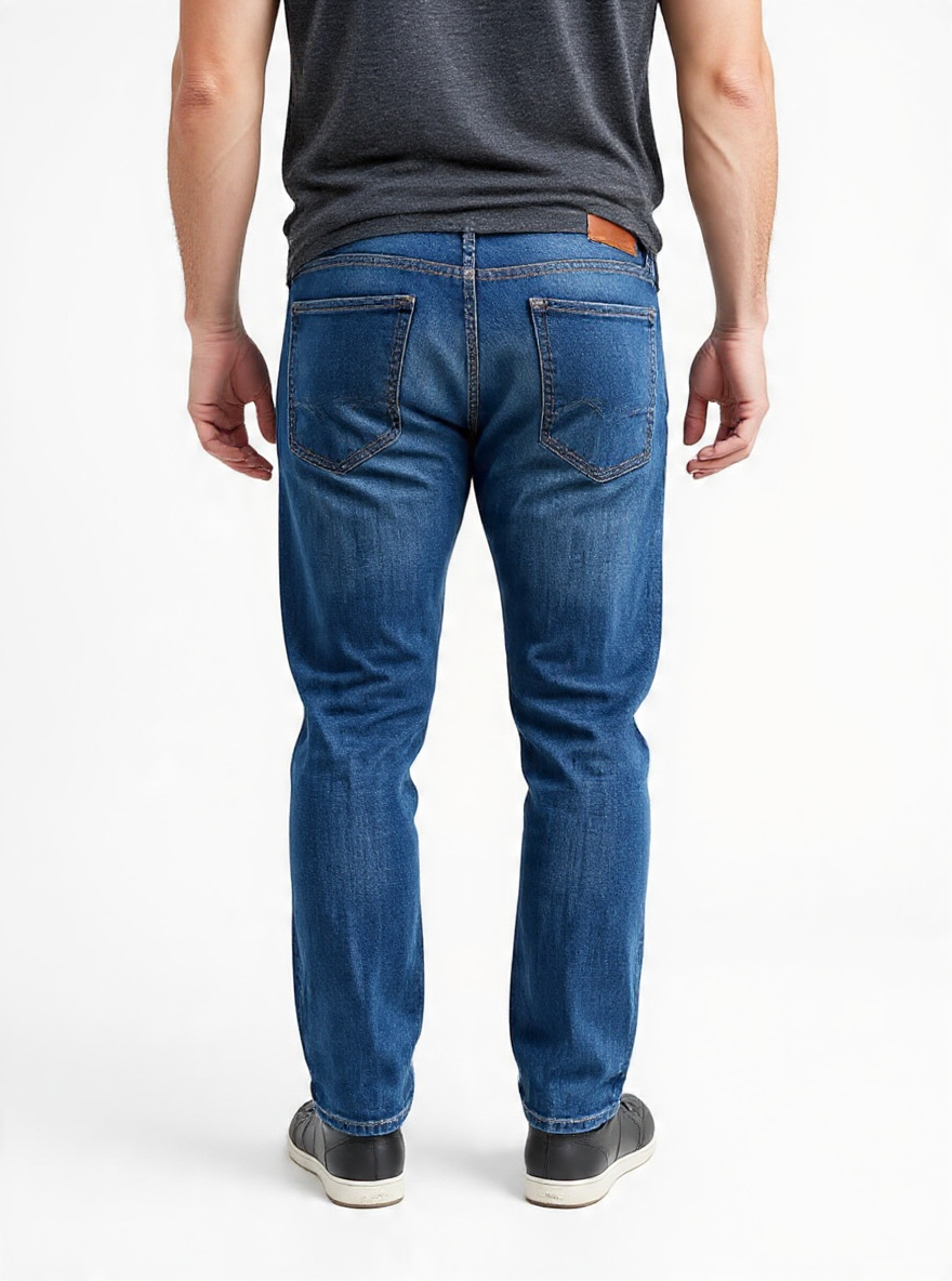 Men Slim Fit Medium Blue Stone Washed Casual Denim Jeans - Detail View