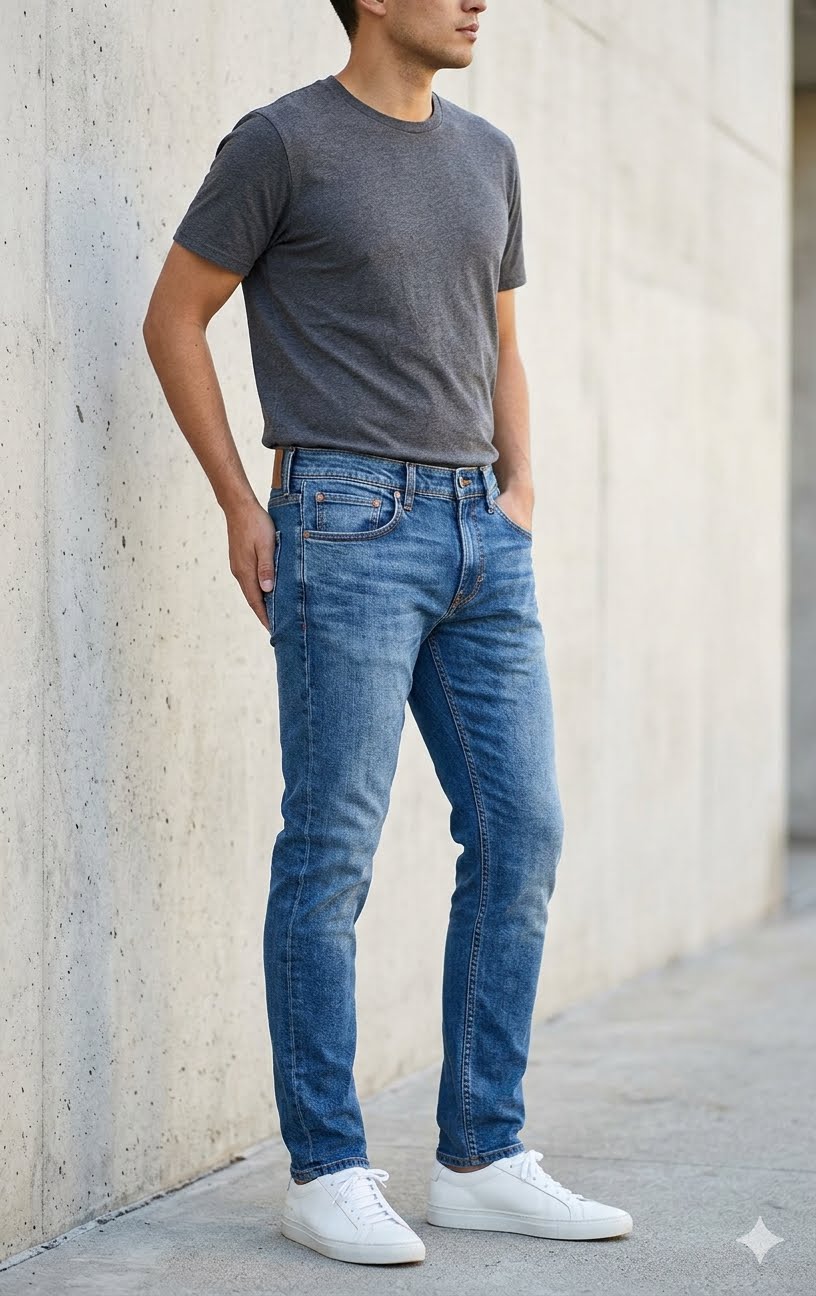 Men Straight Fit Medium Blue Stone Washed Casual Denim Jeans - Front View
