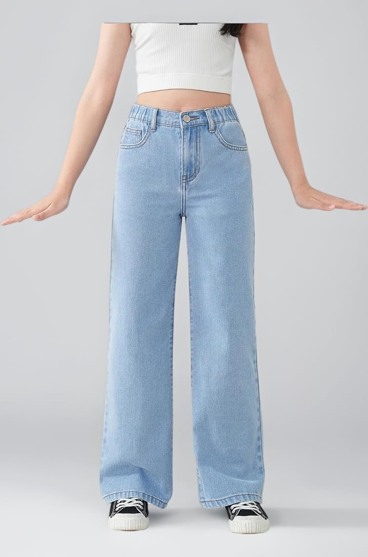 Women Ice Blue Relaxed Fit High-Rise Wide-Leg Denim Jeans - Front View