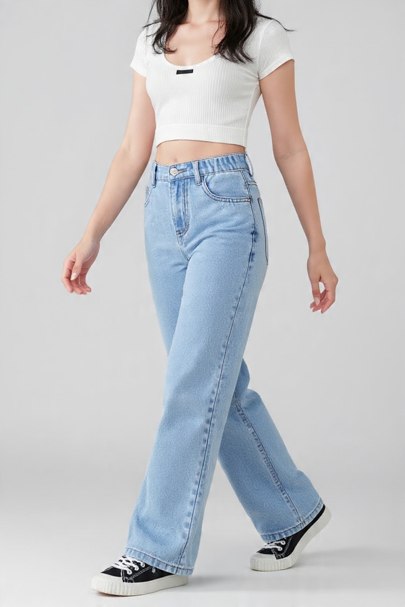 Women Ice Blue Relaxed Fit High-Rise Wide-Leg Denim Jeans - Back View