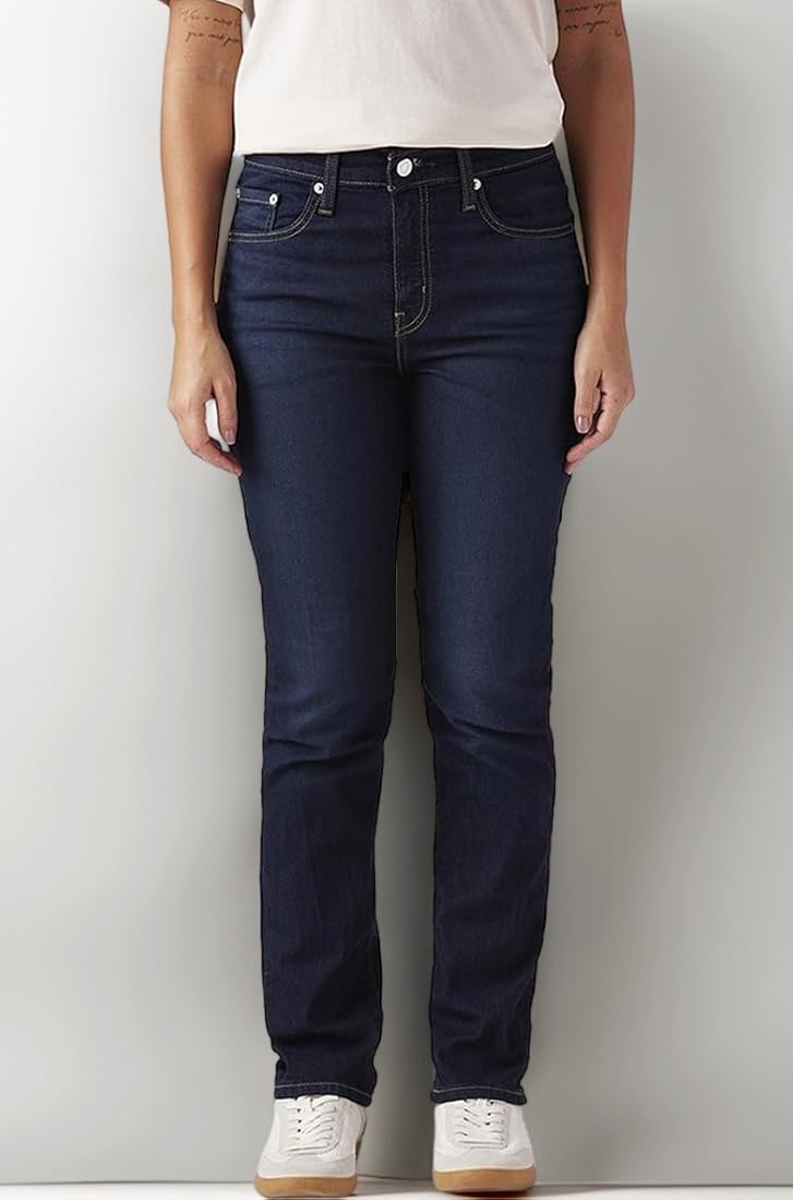 Women High-Rise Regular Fit Straight-Leg Dark Indigo Blue Denim Jeans - Front View