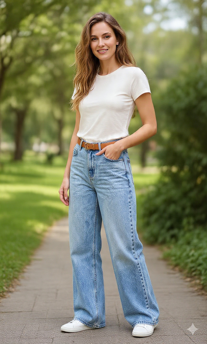 Women High-Rise Relaxed Fit Wide-Leg Palazzo Style Stone-Washed Light Blue Denim Jeans - Right Side