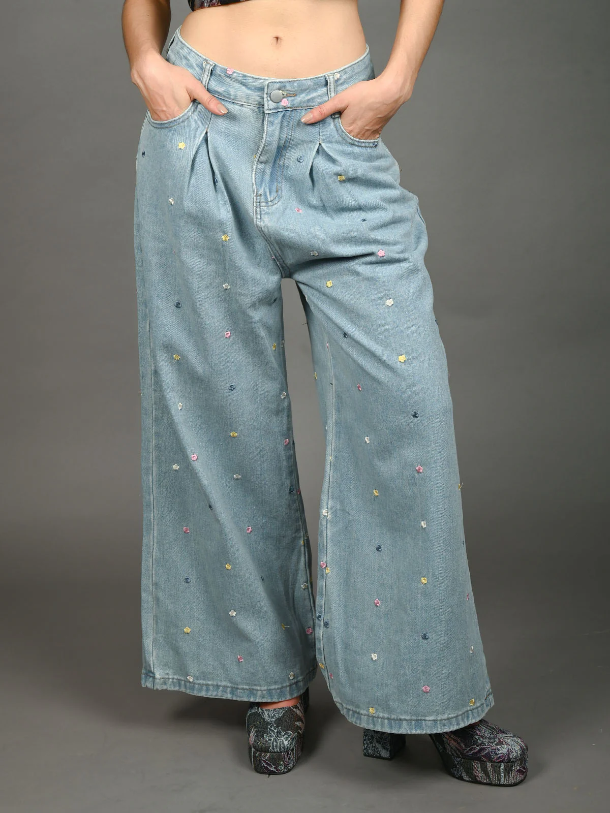 Women's High-Rise Relaxed Fit Wide-Leg Palazzo Style Stone-Washed Light Blue Denim Jeans with Embroidery - Front View