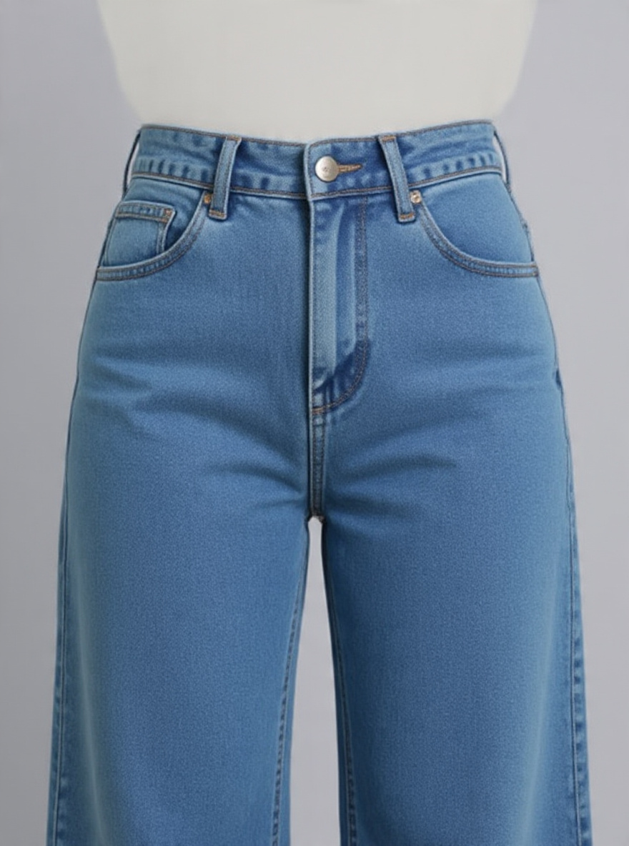 Women High-Rise Relaxed Fit Wide-Leg Palazzo Style Stone-Washed Sky Blue Denim Jeans - Left Side