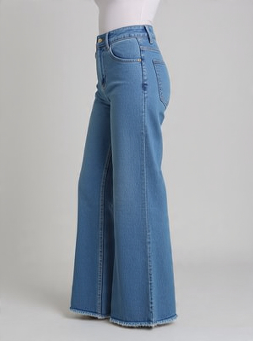 Women High-Rise Relaxed Fit Wide-Leg Palazzo Style Stone-Washed Sky Blue Denim Jeans - Detail View