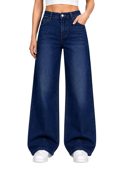 Women High-Rise Relaxed Fit Wide-Leg Baggy Style Dark Blue Denim Jeans - Front View
