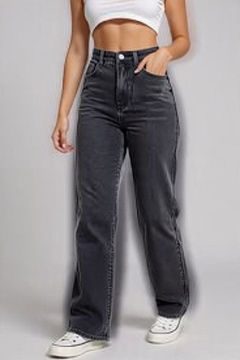 Women High-Rise Relaxed Fit Wide-Leg Baggy Style Faded Black Denim Jeans - Back View