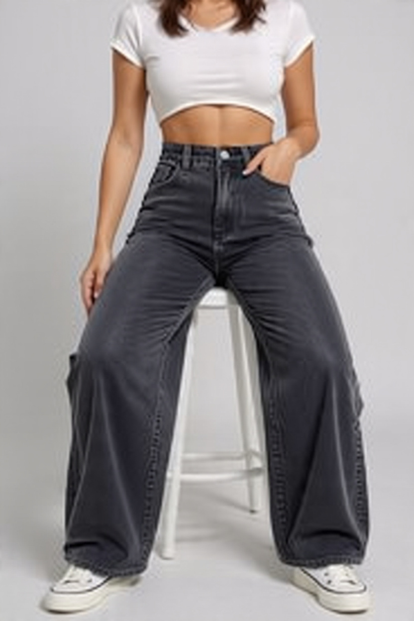 Women High-Rise Relaxed Fit Wide-Leg Baggy Style Faded Black Denim Jeans - Right Side