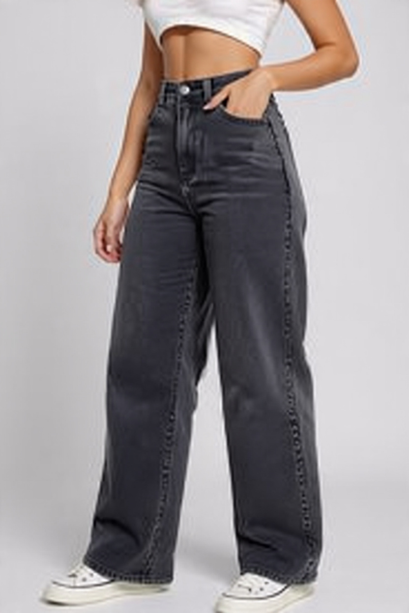 Women High-Rise Relaxed Fit Wide-Leg Baggy Style Faded Black Denim Jeans - Detail View