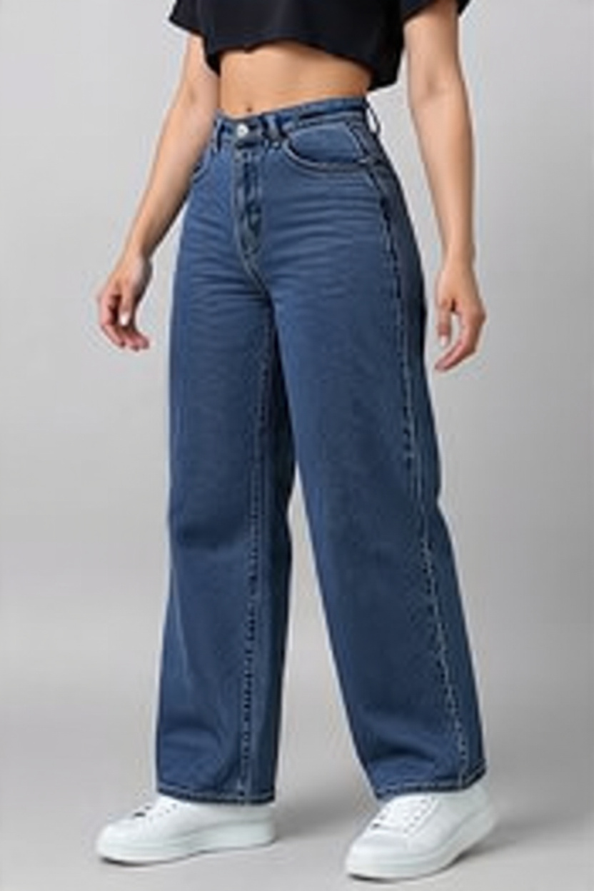 Women High-Rise Relaxed Fit Wide-Leg Baggy Style Indigo Blue Denim Jeans - Back View