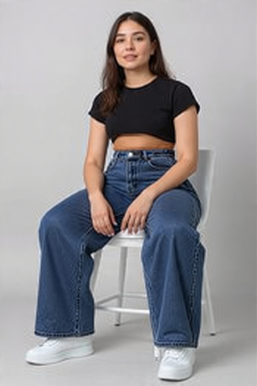 Women High-Rise Relaxed Fit Wide-Leg Baggy Style Indigo Blue Denim Jeans - Right Side