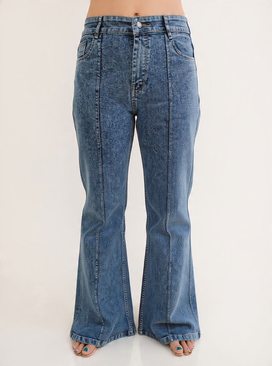 Women’s High-Rise Relaxed Fit Wide-Leg Bootcut Stone Wash Light Blue Denim Jeans with Front Seam Stitch Detail - Front View