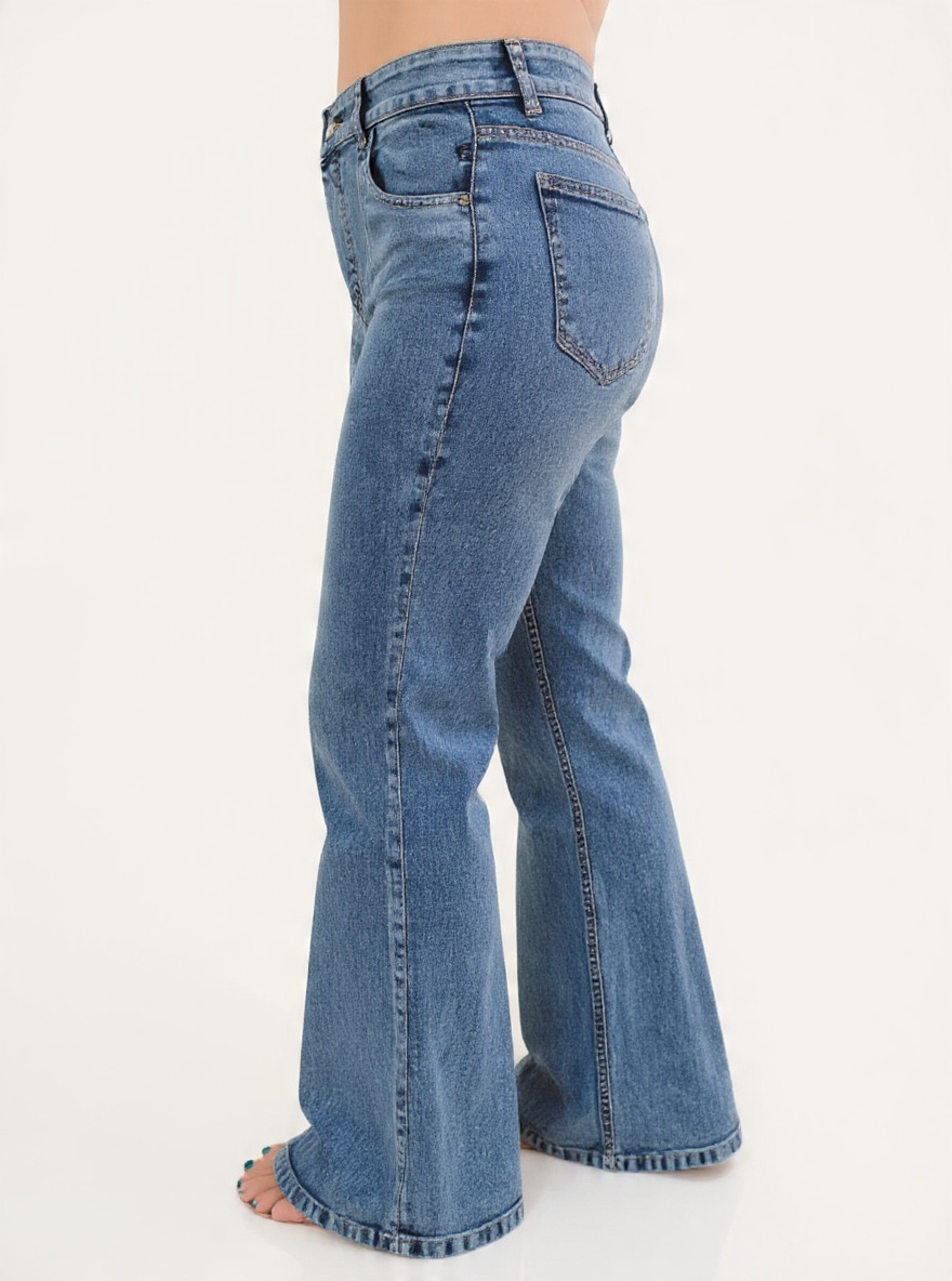 Women’s High-Rise Relaxed Fit Wide-Leg Bootcut Stone Wash Light Blue Denim Jeans with Front Seam Stitch Detail - Back View