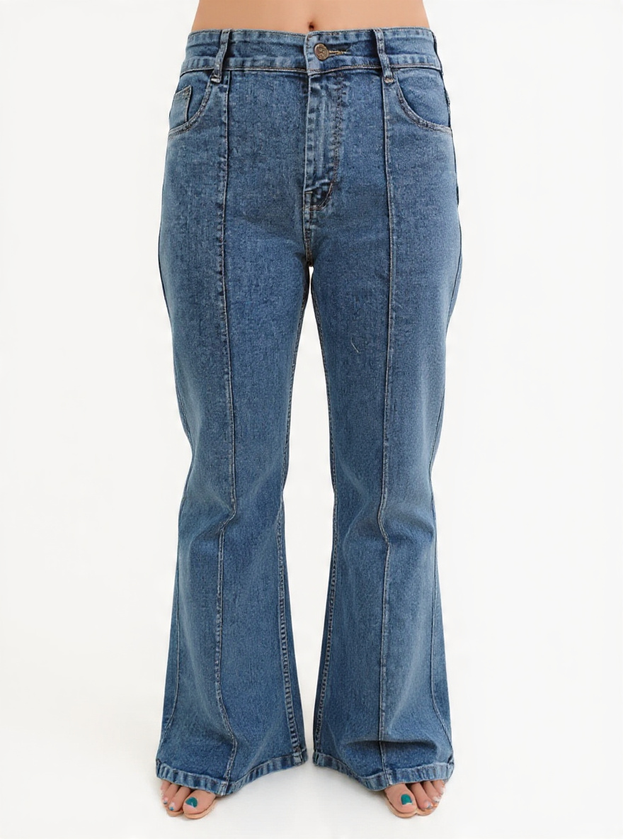 Women’s High-Rise Relaxed Fit Wide-Leg Bootcut Stone Wash Light Blue Denim Jeans with Front Seam Stitch Detail - Detail View