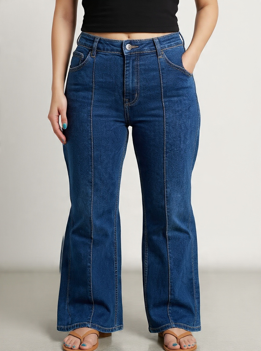 Women’s High-Rise Relaxed Fit Wide-Leg Bootcut Stone Wash Dark Blue Denim Jeans with Front Seam Stitch Detail - Front View