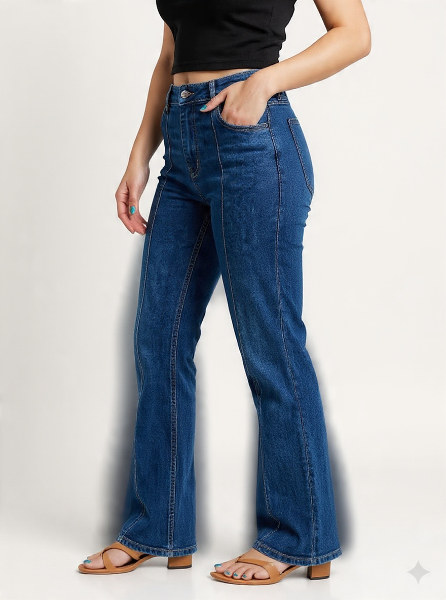 Women’s High-Rise Relaxed Fit Wide-Leg Bootcut Stone Wash Dark Blue Denim Jeans with Front Seam Stitch Detail - Back View