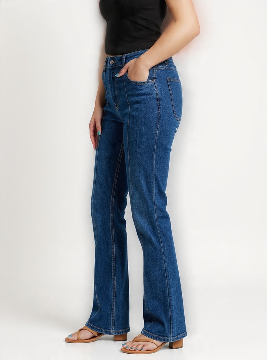 Women’s High-Rise Relaxed Fit Wide-Leg Bootcut Stone Wash Dark Blue Denim Jeans with Front Seam Stitch Detail - Left Side