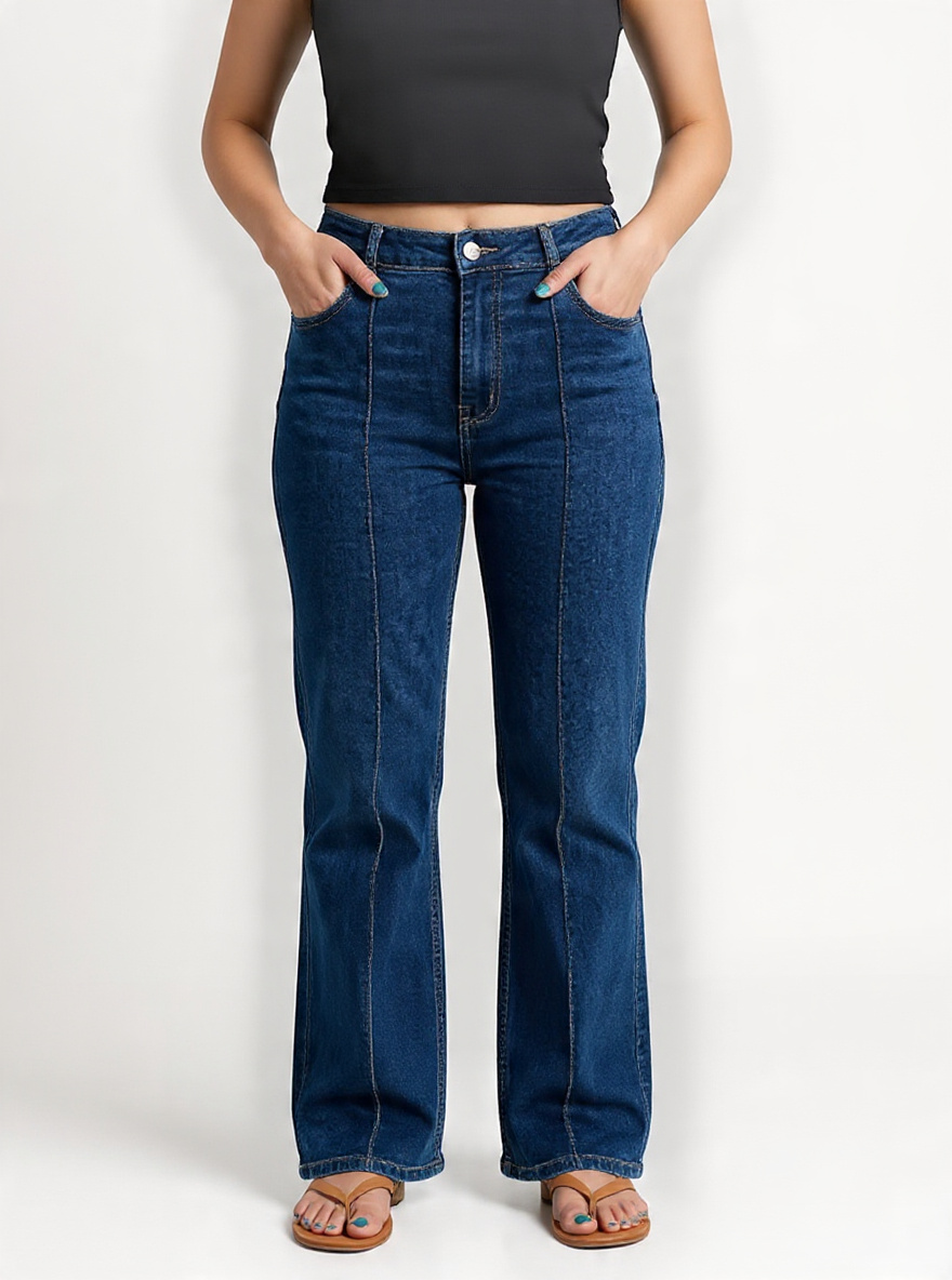 Women’s High-Rise Relaxed Fit Wide-Leg Bootcut Stone Wash Dark Blue Denim Jeans with Front Seam Stitch Detail - Detail View