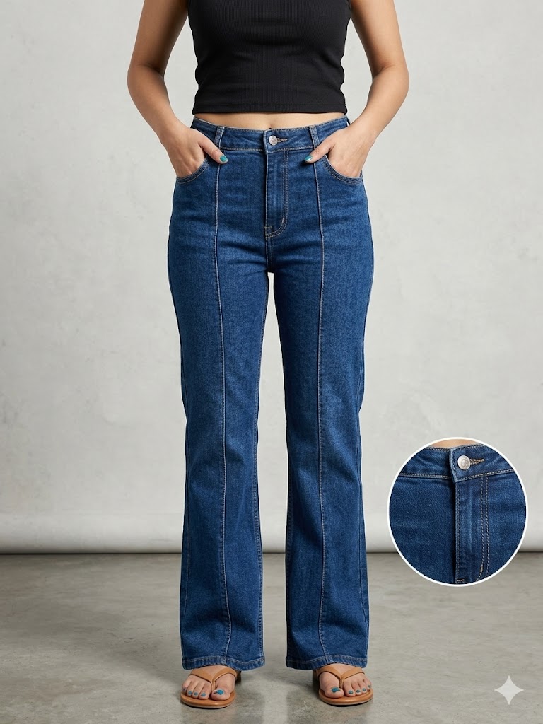 Women’s High-Rise Relaxed Fit Wide-Leg Bootcut Stone Wash Dark Blue Denim Jeans with Front Seam Stitch Detail