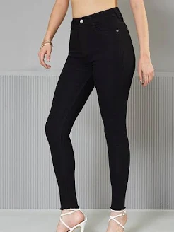 Women Skin Fit Dark Black Denim Jeans - Front View