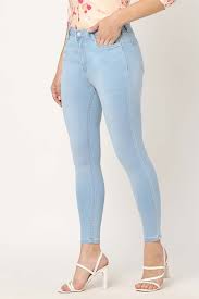Women Skin Fit Light Sky Blue Denim Jeans - Front View